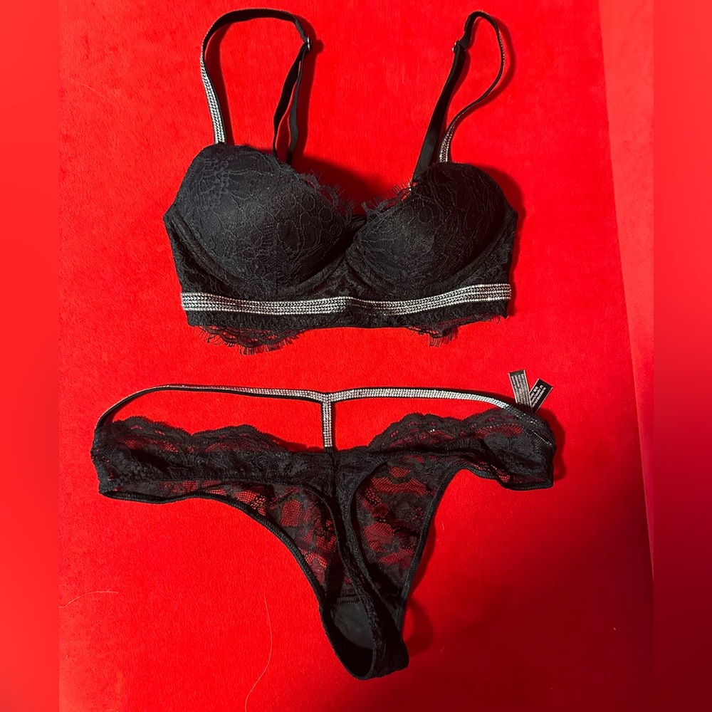 Victoria’s Secret rhinestone, black lace bra/panties set NWT